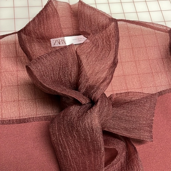 ZARA Bordeaux Organza High Bow Guest Party Blogger Favorite Knit Mini Dress SZ M - Picture 8 of 16